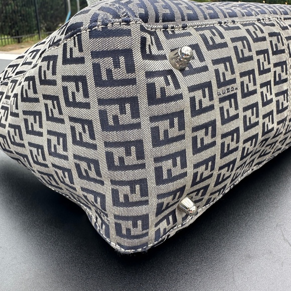 FENDI Vintage Zucchino  Navy Leather & Grey Canvas Tote Bag - Picture 15 of 17